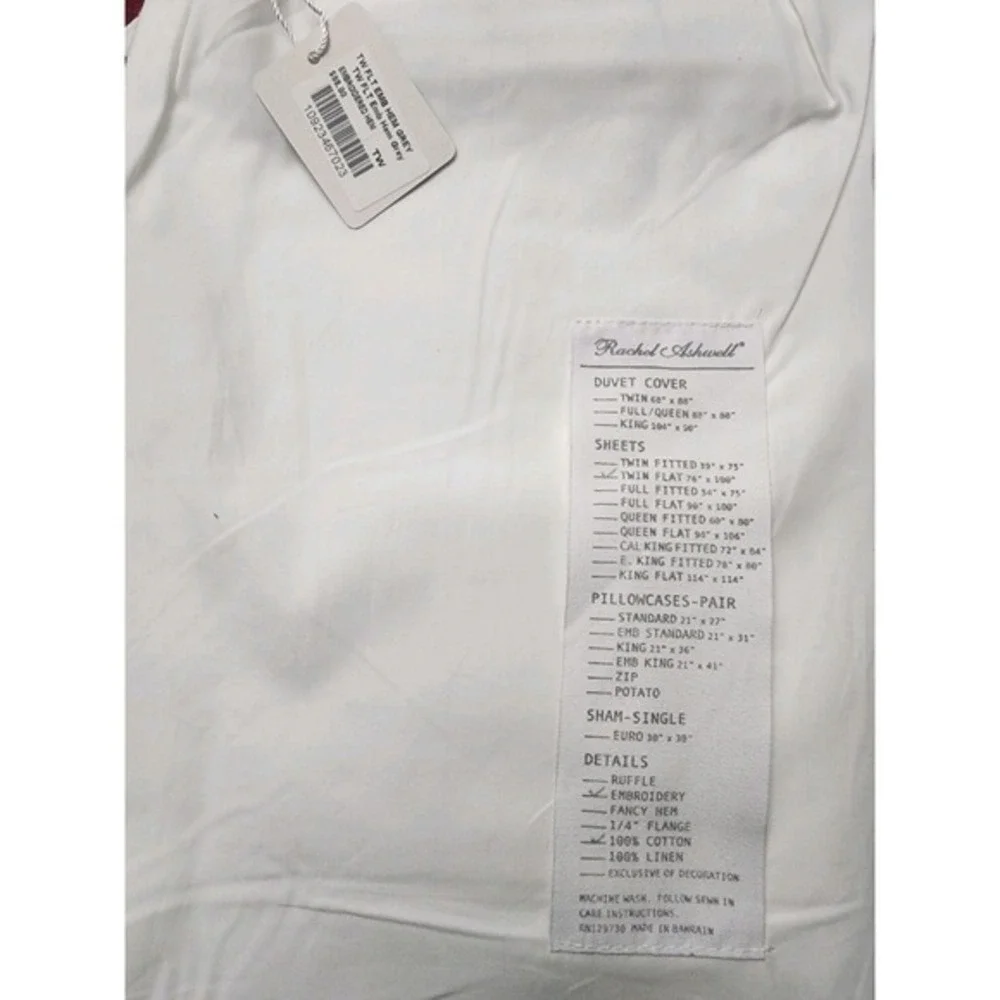 NEW Rachel Ashwell GREY Embroidered TWIN Flat Sheet 100% Cotton